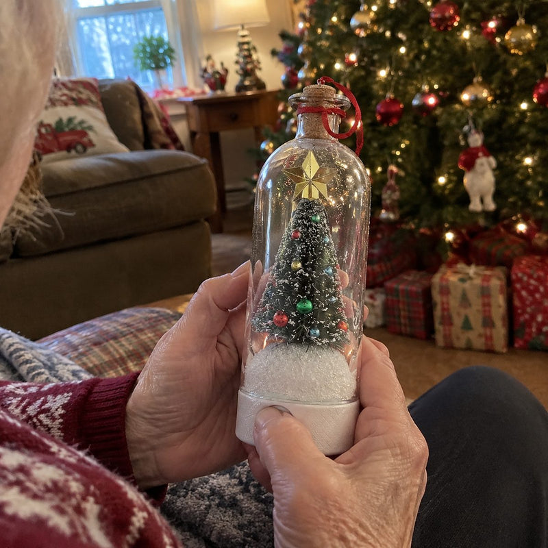 Grandmother pressing the record button on a voice ornament