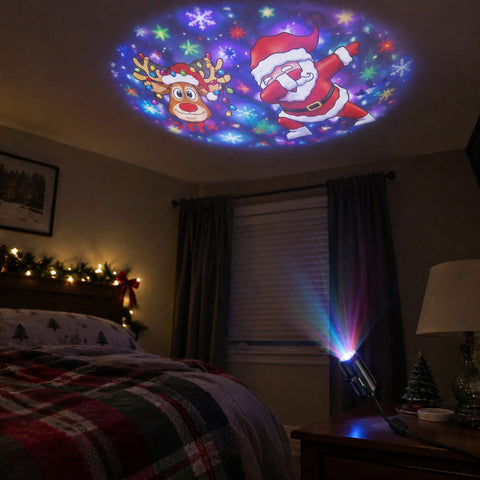Christmas projector casting a Santa scene on a bedroom ceiling