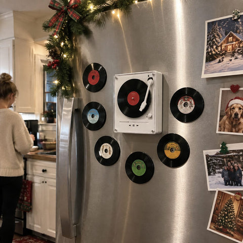 Mini vinyl record player and records on a fridge door