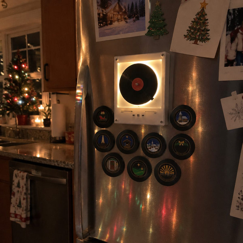 Fridge record player glowing at night in the kitchen