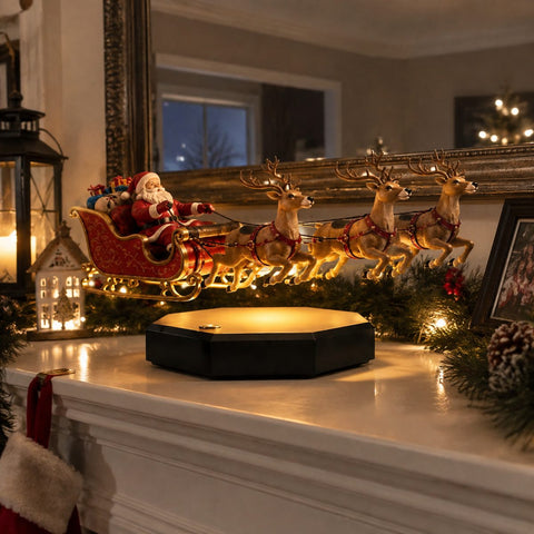 Floating Santa sleigh and reindeer hovering above its glowing base on a mantel