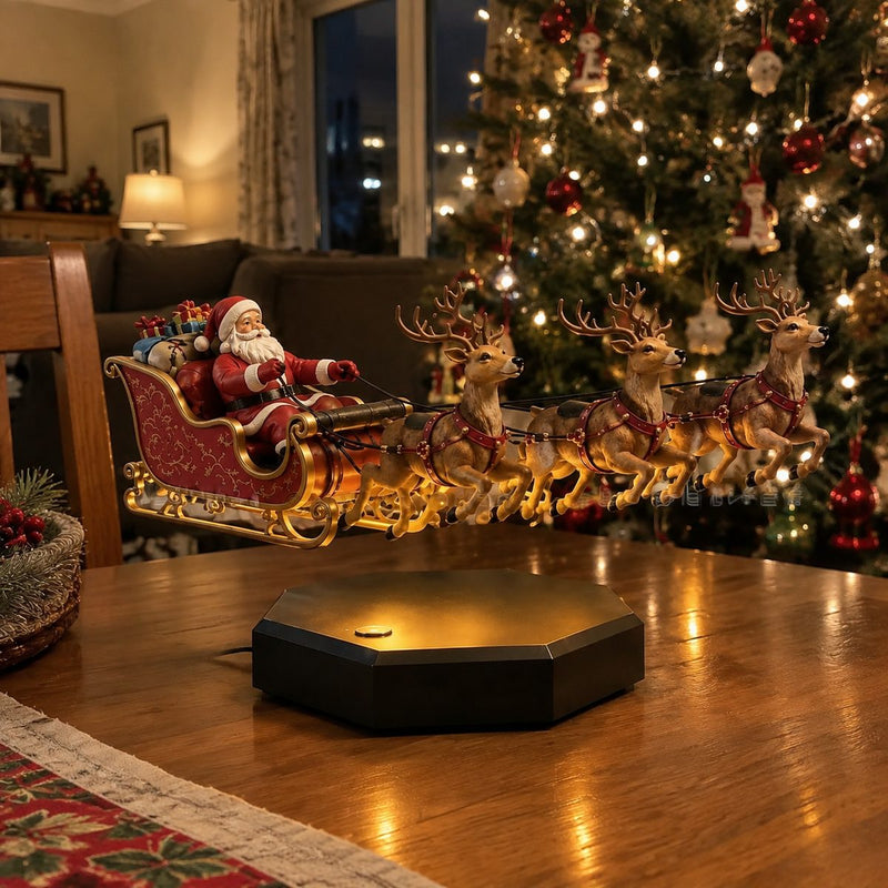 Close up of the levitating Santa sleigh with a gap of air above the base
