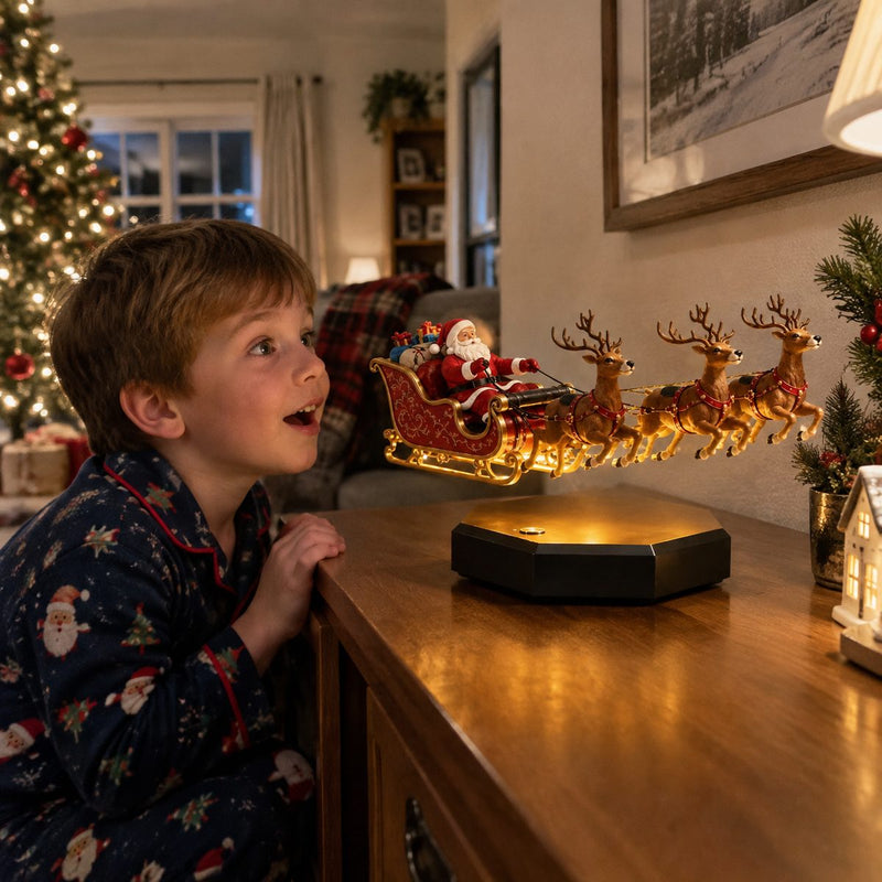 Boy amazed by the floating Santa sleigh centerpiece