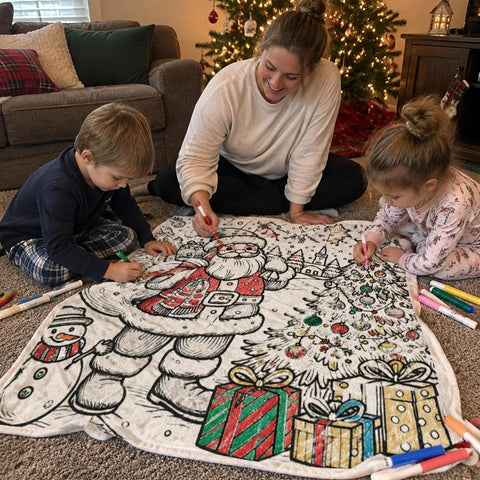 Mom and kids coloring the giant Christmas coloring blanket