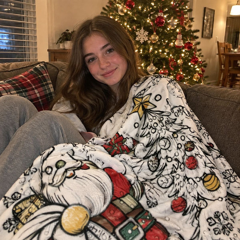 Teen wrapped in a partly colored Christmas blanket