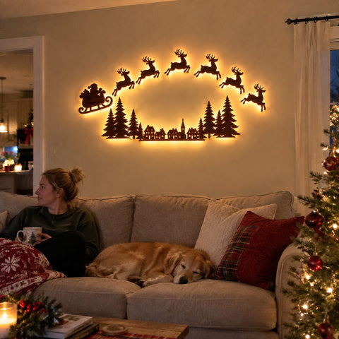 Backlit wooden Santa sleigh and reindeer arch above a sofa