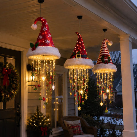 Three Santa hat pendant lamps glowing on a porch