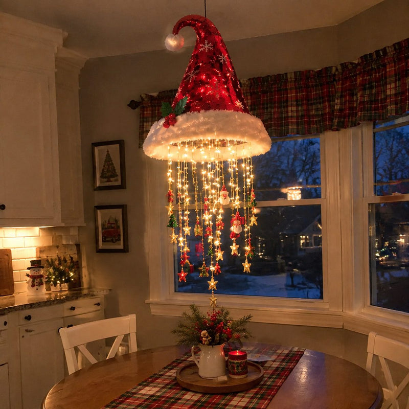 Sparkle red Santa hat pendant lamp over a kitchen nook