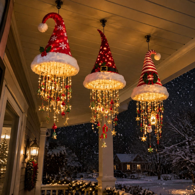 Santa hat chandelier lamps seen from below at night