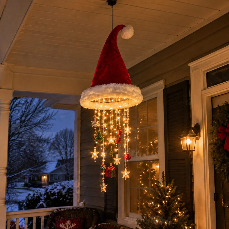 Classic red Santa hat pendant lamp on a porch