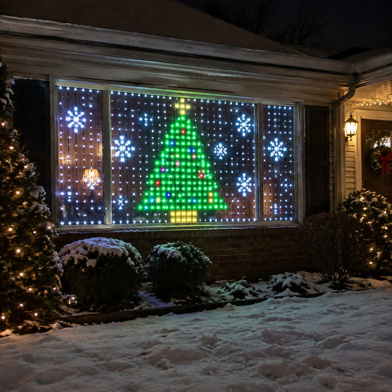 LED curtain lights showing a Christmas tree seen from the yard