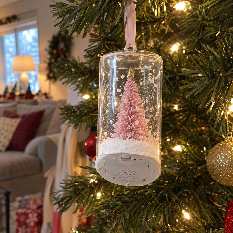 Pink voice message ornament hanging on a Christmas tree